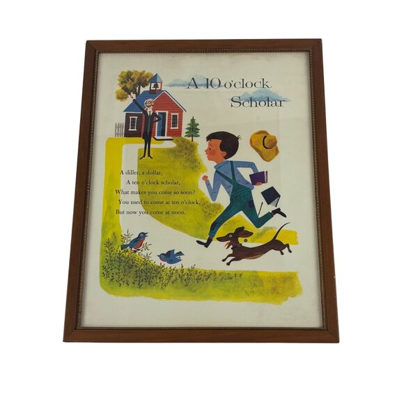 Vintage 50s Framed Art A 10 O'Clock Scholar Dale Maxey Mother Goose Lithograph - Picture 3 of 7